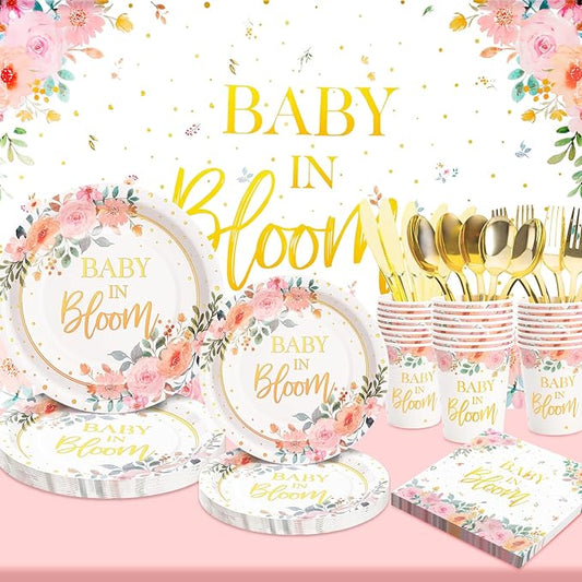 169 Pcs Baby in Bloom Baby Shower Decorations for Girl , Its a Girl Baby Shower Plates and Cups and Napkins Sets, Pink Floral Plates Serves 24, Spring Summer
