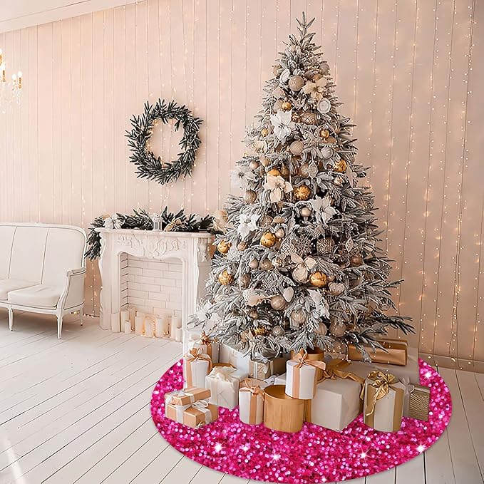 MODFUNS Hot Pink Sequin Christmas Tree Skirt 48 Inches Sparkly Tree Skirt Large Velvet Xmas Tree Mat Shiny Christmas Tree Covers Luxury Xmas Tree Skirt Christmas Day Home Artificial Tree Blanket
