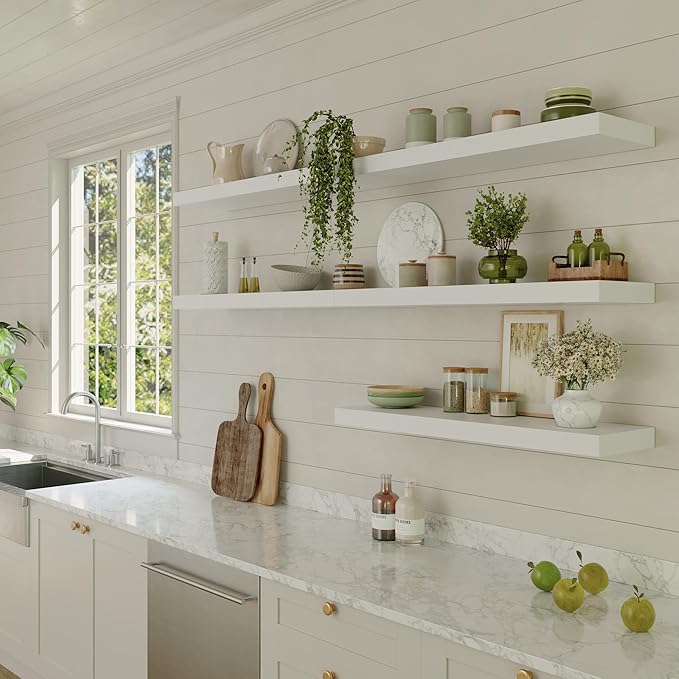 Large Floating Shelves for Wall Set of 2 Wooden Wall Shelves 30 in x 12.75 in x 2 in Room Decor Long Shelf with Invisible Wall Mount Bracket for Bedroom Kitchen Living Room White