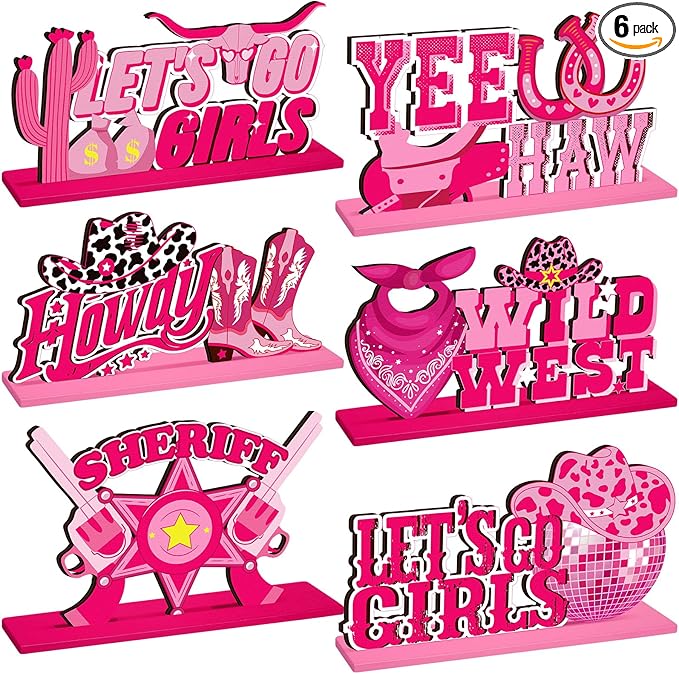 6 Pcs Disco Cowgirl Party Decorations Pink Let's Go Girls Bachelorette Table Decorations Western Cowgirl Wooden Centerpieces for Last Disco Birthday Western Rodeo Party Supplies