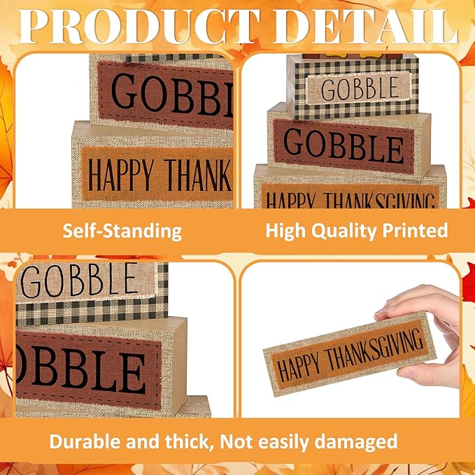 4 Pcs Fall Decorations for Home Thanksgiving Tiered Tray Decor Fall Tabletop Decor Thanksgiving Centerpiece Rustic Wood Turkey Block Sign for Autumn Table Mantel Decorations