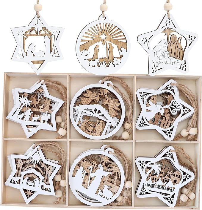 18Pcs Nativity Christmas Tree Ornaments Set, Wooden Nativity Scene Ornament, Religious Gift for Christian Family Christmas Decoration