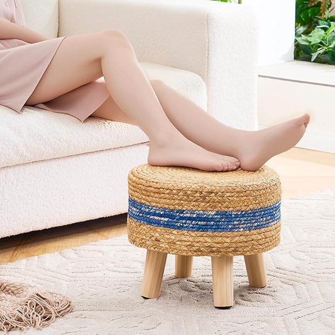 Handwoven Round Ottoman, Natural Water Hyacinth Outdoor Patio Pouf Seagrass Low Stool with Wood Legs, Soft Padded Footrest for Living Room Bedroom Garden, Blue