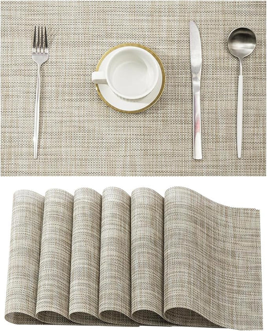 Leetaltree Linen Yellow Placemats Set of 6 - Heat Resistant Non-Slip Place mats for Dining Table, Washable Durable PVC Vinyl Woven Table Mats（Linen Yellow, 6）
