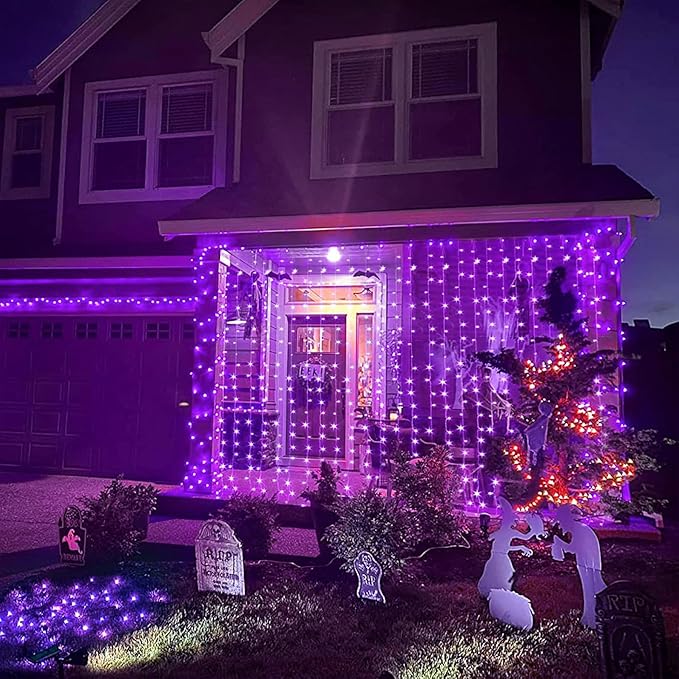 JMEXSUSS 300LED Purple Halloween Lights with Remote, Curtain Hanging Light Plug in, 8 Modes Purple String Lights for Bedroom Window Wall Party Backdrop Christmas Halloween Decorations