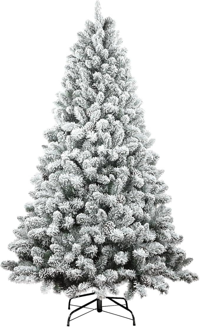 7ft Snow Flocked Christmas Tree, Premium Hinged Unlit Artificial Christmas Pine Tree with Pine Cone, Artificial Xmas Tree for Home Office Store, Metal Stand and Hinged Branches