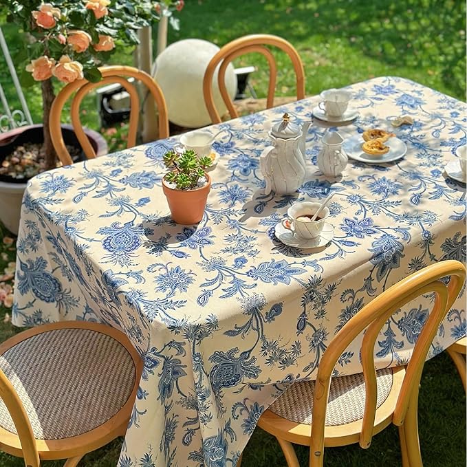 Table Cloth for Rectangle Tables 60'' x 120'', Washable Waterproof Tablecloth, Print Floral Table Cover for Outdoor, Dining, Picnic, Farmhouse, Wedding - Blue Flower
