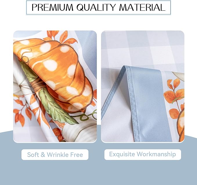 Romanstile Fall Tablecloth Rectangle, Thanksgiving Autumn Harvest Pumpkin Buffalo Plaid Table Cloth, Stain Resistant Washable Table Cover for Party/Dining/Holiday- Grey Blue Checkered, 60x 120 Inch