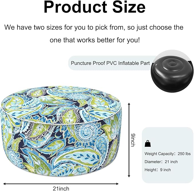 Inflatable Ottoman Stool D21 xH9 for Outdoor/Indoor Use, Water Repellent Patio Foot Rest with Portable Handle,Round Pouf Ottoman Suitable for Garden,Deck and Camping - Paisley Lapis Green
