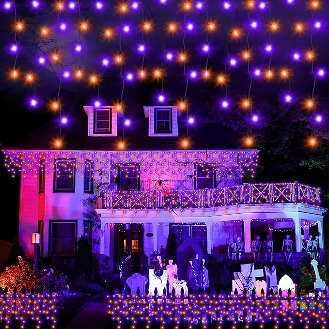 Heceltt Halloween Lights Outdoor, Orange and Purple 39FT 480LED Halloween String Lights with 90 Drops, 8 Modes Timer Memory Function, Night Light for House Roof Party Decor