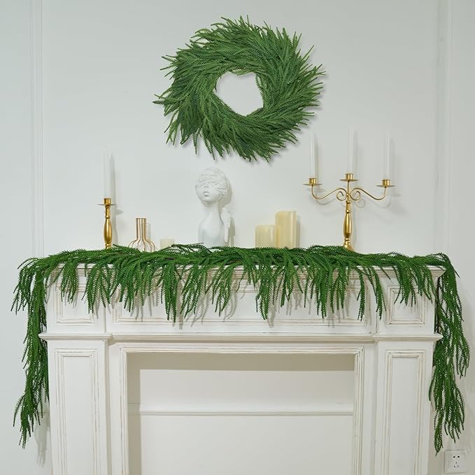 6FT Artificial Norfolk Pine Garlands, Real Touch Winter Christmas Pine Tree Wreath, Green Artificial Greenery Garland for Christmas Holiday Seasonal Indoor Home Decor Mantle