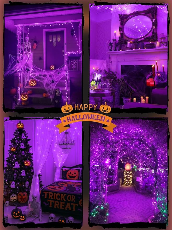 Halloween String Lights Battery Operated with Auto Timer, 33FT 100 LED Waterproof LED Purple String Lights with 8 Modes, Fairy Twinkle Light for Indoor & Outdoor Party Bedroom Halloween Decorations
