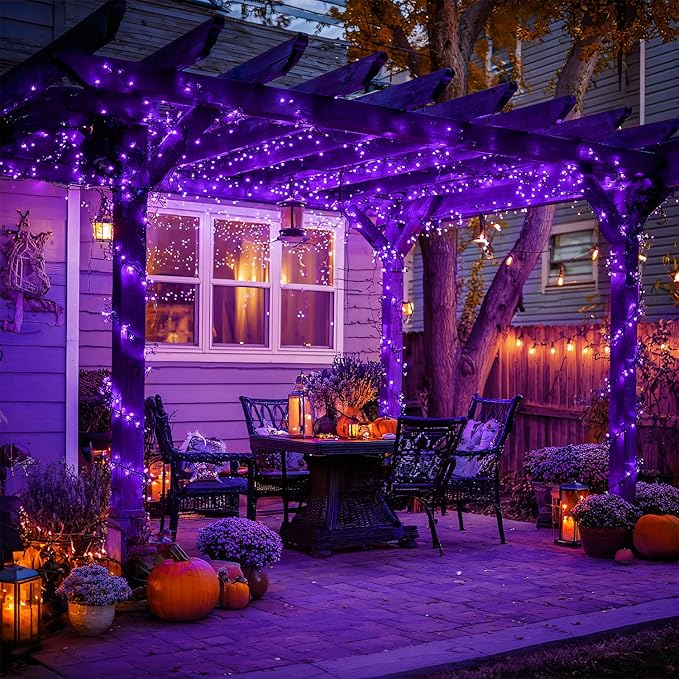 JMEXSUSS 2 Pack Purple Solar Halloween Lights, Total 400 LED 151FT Purple Halloween Lights Outdoor Waterproof, 8 Modes Solar Christmas Light for Outside Patio Yard Tree Decorations