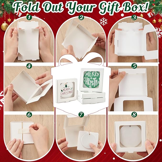 25 Pcs Sublimation Ornament Blanks Box 3.6"x3.6"x0.7" Christmas Ornaments Holder Ceramic Discs Packaging Box with Window for Personalized Xmas Tree Blanks Bulk (White)