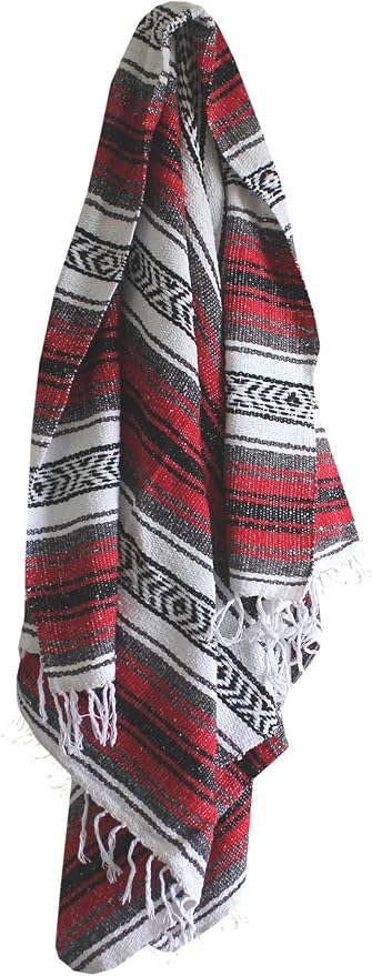 Del Mex Classic Mexican Blanket, Large Authentic Woven Falsa Throw (70"x50"), Artisan Southwest Décor for Beach, Yoga, Outdoors (Red)