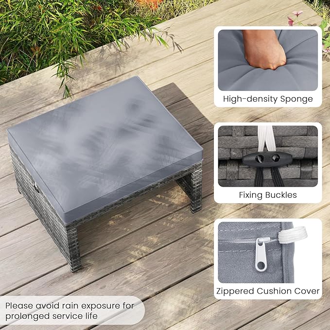 Tangkula 2 Pieces Patio PE Rattan Ottomans, Multipurpose Outdoor Footstool Footrest Additional Seating Side Table with Soft Zippered Cushions for Deck, Garden, and Yard (Gray)
