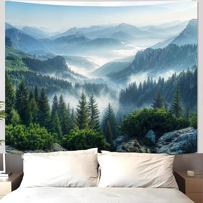AMM Nature Forest Mountain Tapestry Green Misty Pine Tree Tapestry for Bedroom Aesthetic Foggy Woodlands Sky Landscape Tapestries Wall Hanging for Living Room Dorm 80 x 60 Inch