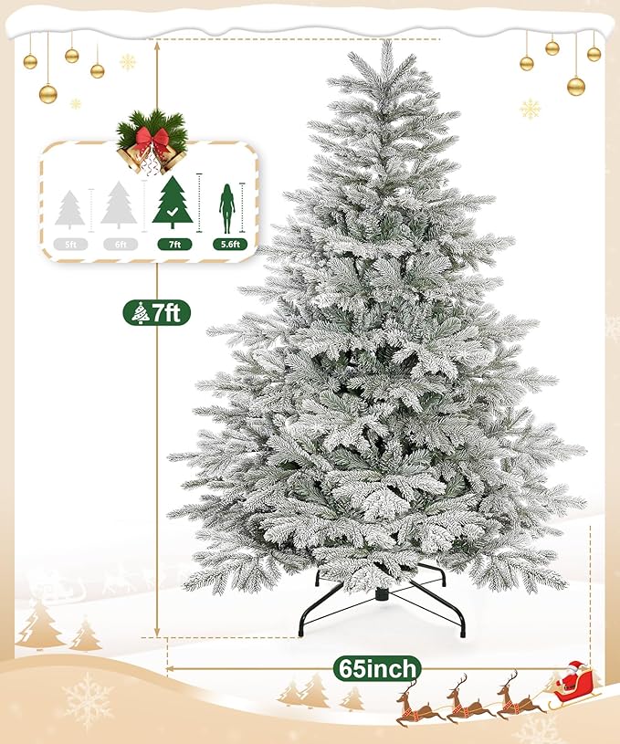Decoway 7ft Artificial Christmas Tree, Unlit Snow Flocked Xmas Tree with 2364 Branch Tips and Sturdy Metal Stand for Indoor Outdoor Home Decoration