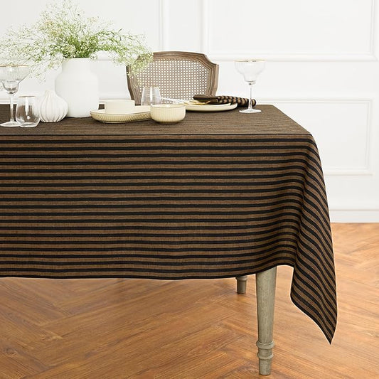 Solino Home Linen Tablecloth 60 x 90 Inch - Amalfi Stripe 100% Pure Linen Brown Sugar and Black Table Cloth for Rectangle Tables - Machine Washable Fabric Tablecloth for Fall, Autumn, Thanksgiving
