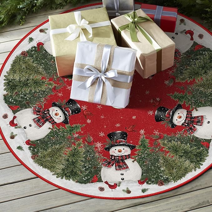 AVOIN colorlife Cardinals Cedar Snowman with Scarf Christmas Tree Skirt, Xmas Winter Holiday Party Tree Mat Indoor Outdoor Decoration 36 Inch