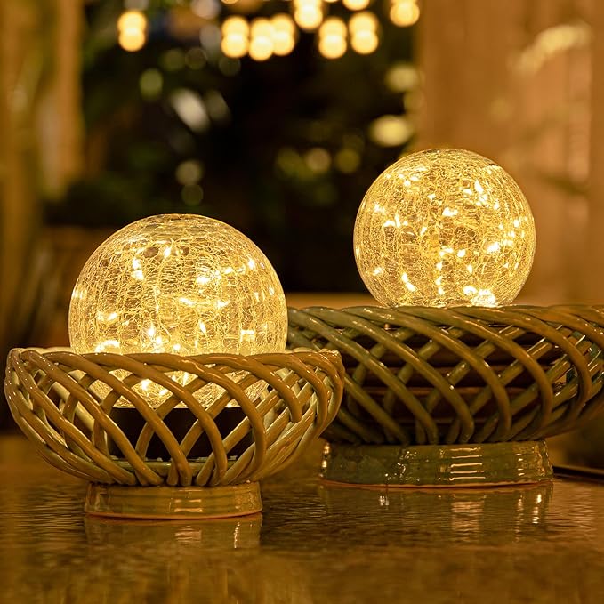 Beautyard Solar Globe Lights Outdoor Large Garden Decor USB Charged 4.72" Diameter 40LED 1000mAh Solar Lights Cracked Glass Globe Power Yard Patio Garden (4.72'' Large 2 Pack Warm White)