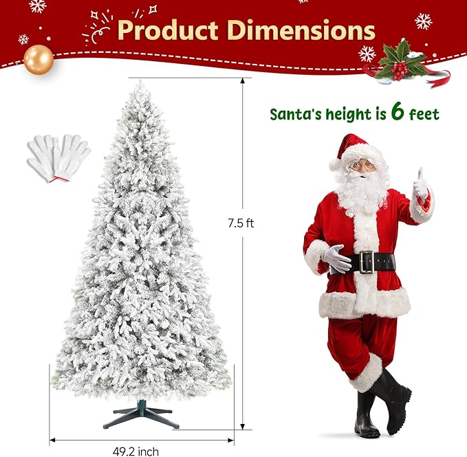 7.5ft Pre-lit Artificial Christmas Tree with Remote, Snow Flocked Xmas Trees Rotating & Foldable Stand, RGB & Warm White Light for Home Decor