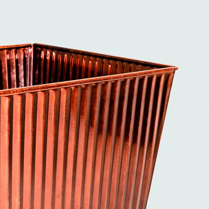 22in Vintage Handmade Metal Vertical Lines Copper Tapered Planters,Planter Box with Drainage Holes and Saucer -Set of 2, Galvanized Steel Planter for Indoor/Outdoor/Porch/Garden