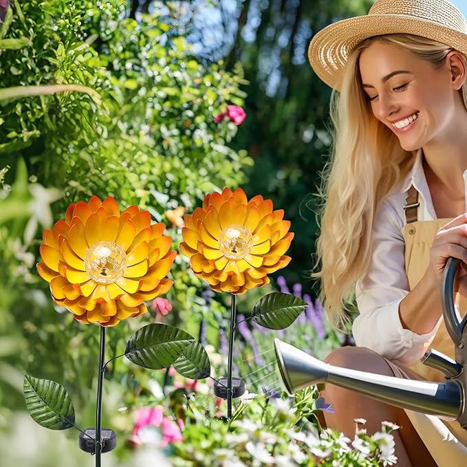 VCUTEKA Solar Garden Lights Metal Flower Decor Colorful Yellow Flowers Solar Pathway Light with LED Cracked Crystal Ball Outdoor Decorative Stake for Patio Yard Lawn