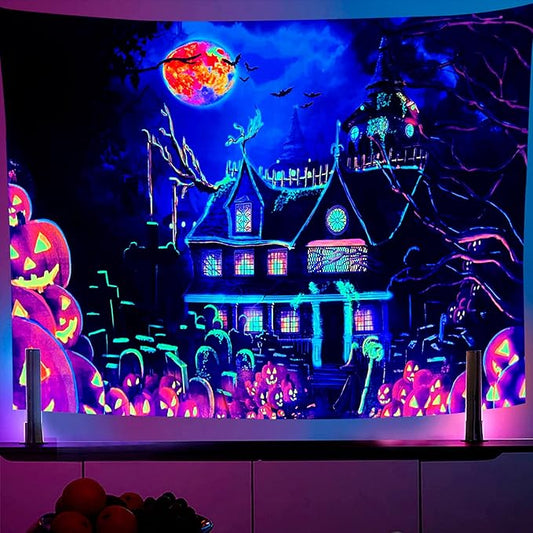 OSVINO Blacklight Halloween Castle Tapestry 79"x59" Pumpkins Bats Crosses Backdrop Bedroom Aesthetic Hippie Room Decor Glow in The Dark Wall Poster for Halloween Easter