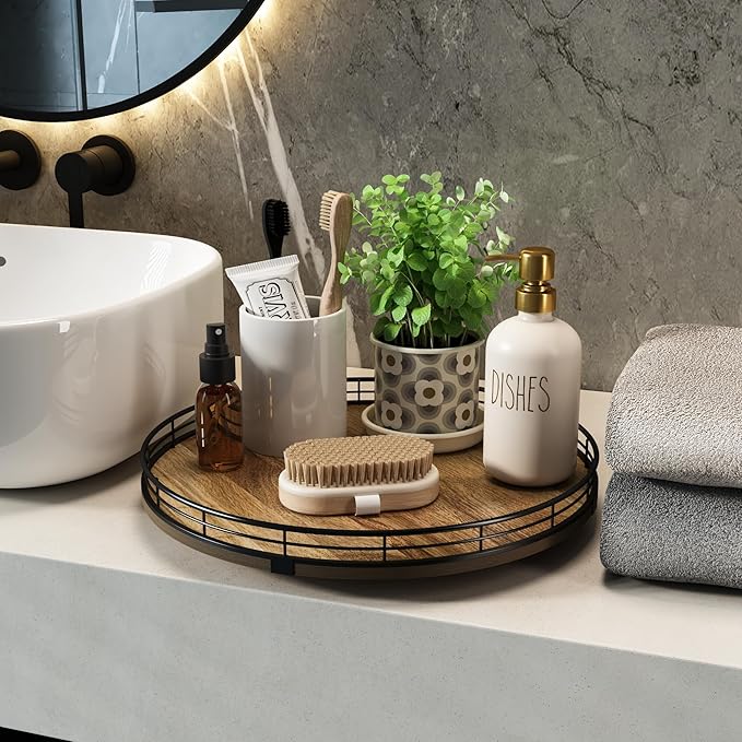 Acacia Wood 13" Lazy Susan Turntable Organizer for Table Top, Farmhouse Round Wooden Lazy Susan for Cabinet Kitchen Centerpieces Coffee Table, for Condiments Spices, Bathroom Vanity Tray Decor