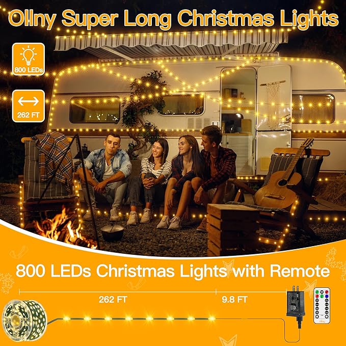 Ollny Christmas Lights 800 LED 262 FT Plug in, IP67 Waterproof Green Wire Outdoor Christmas Lights with Remote, 8 Modes and Timer Outdoor String Light for House Indoor Xmas Decorations (Warm White)