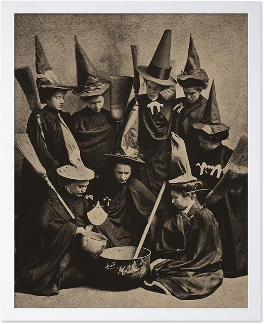 Poster Master Vintage Photograph Poster - Retro Halloween Print - Gift for Artist, Friend - Witches Cooking, Pointy Hats, Broomsticks, Black Magic - Wall Decor for Bedroom, 8x10 White Framed