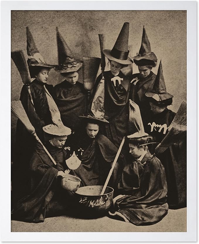 Poster Master Vintage Photograph Poster - Retro Halloween Print - Gift for Artist, Friend - Witches Cooking, Pointy Hats, Broomsticks, Black Magic - Wall Decor for Bedroom, 16x20 White Framed