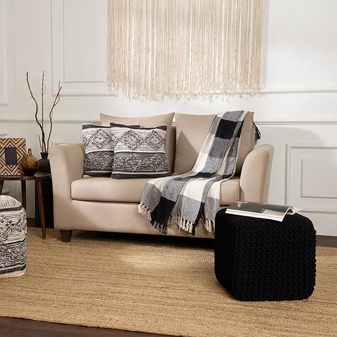 REDEARTH Cube Pouf Foot Stool Ottoman - Hand Knitted Poof - Cord Boho Pouffe - Home Décor - Stuffed Footrest for Living Room - Bedroom - Covered Patio (16" x 16" x 16") - Black