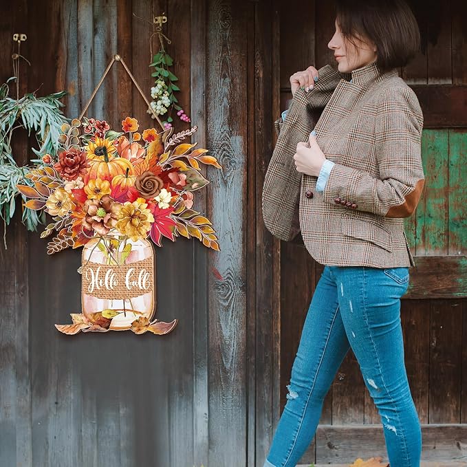 Boao Fall Welcome Door Sign Gnome Hanging Decor Thanksgiving Wooden Sign Autumn Door Decorations Pumpkin Maple Leaves Wood Hanger for Outdoor Farmhouse Front Porch