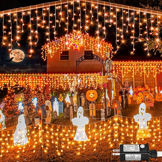 Orange Halloween Lights Outdoor Indoor, 66ft Icicle Lights for Outside, 640 LED Twinkle String Lights with 120 Drops Clear Wire Short Curtain Lights for Room Home Wall Bedroom Decor