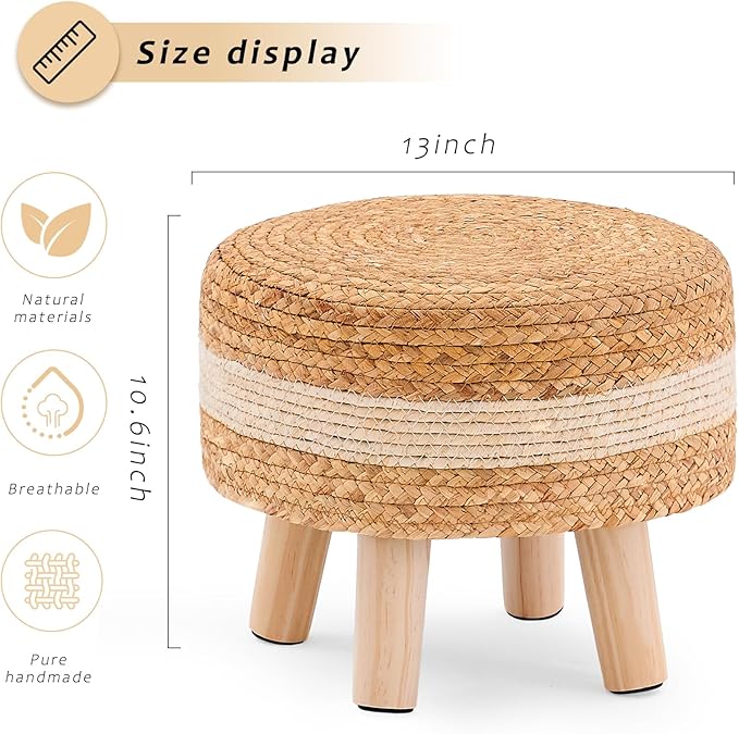 Handwoven Round Ottoman, Natural Water Hyacinth Outdoor Patio Pouf Seagrass Low Stool with Wood Legs, Soft Padded Footrest for Living Room Bedroom Garden, White