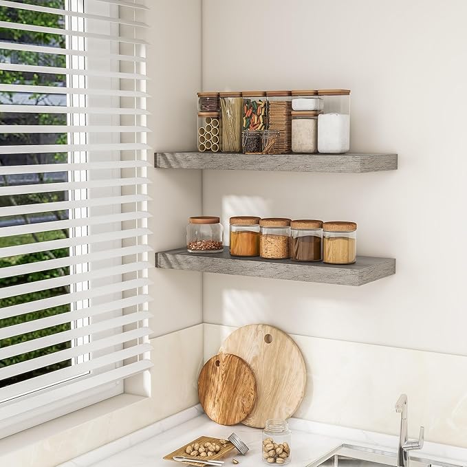 RICHFOCUS 31.5Inch Floating Shelves for Wall 2 Pack Shelves for Bedroom|Kitchen|Bathroom Wall Mounted Rustic Wood Floating Shelf with Invisible Brackets for Books|Storage|Decor, Grey