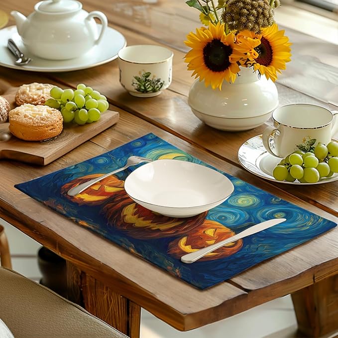 Halloween Placemats Set of 4 Pumpkin Vincent Van Gogh Starry Night Art Linen Table Mats 12x18 Inch Jack O Lantern Farmhouse Place Mats for Party Kitchen Dining Outdoor Indoor Decor
