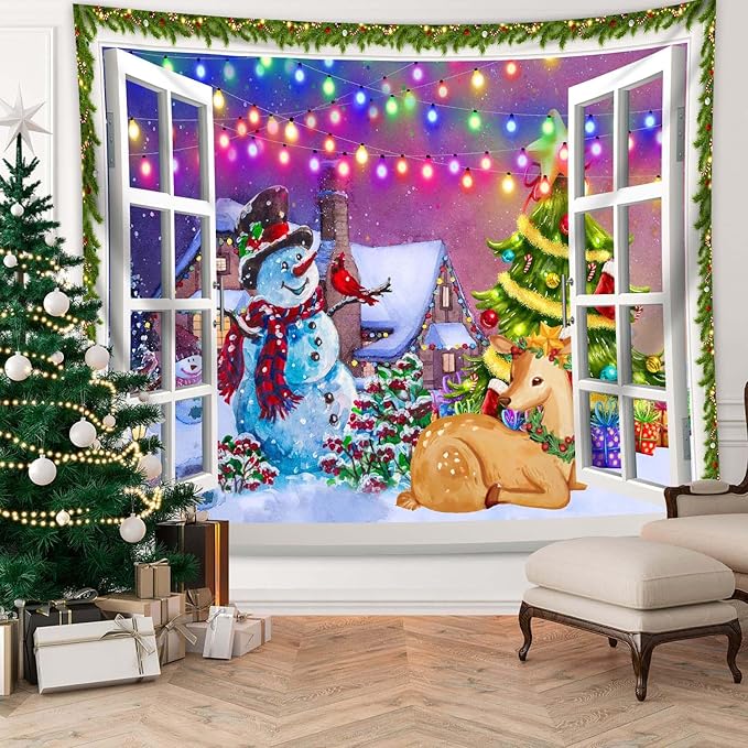 QGHOT Christmas Window Tapestry Wall Hanging, Christmas Backdrop Winter Window Wall Decor Xmas Snowman Deer Tapestries for Bedroom Living Room Dorm Holiday Party Decoration, Extra Large