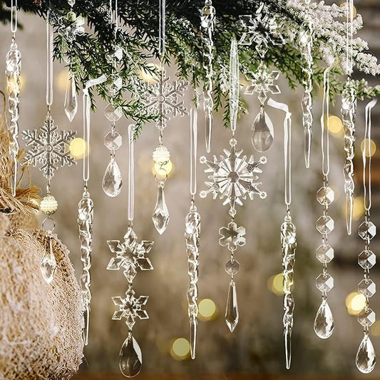 18pcs Christmas Tree Decoration Crystal Ornaments - Hanging Acrylic Christmas Snowflake Icicle Drop Crystal Ornaments for Xmas Tree Winter New Year Party Supplies