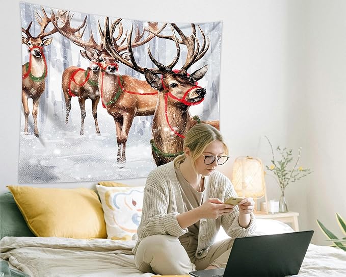 QGHOT Winter Tapestry Wall Hanging Winter Forest Backdrop Christmas Snowy Deer Wall Decor Snow Elk Tapestries for Bedroom Living Room Dorm Party Decoration