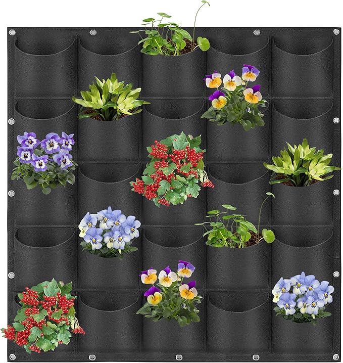 25 Pockets Hanging Planter Bags, Hanging Vertical Wall Mounted Plant Planting Grow Bags, Herb Garden Planter Outdoor Indoor Growing Bag, Gardening Vertical Greening Flower Container(1m×1m, Black)
