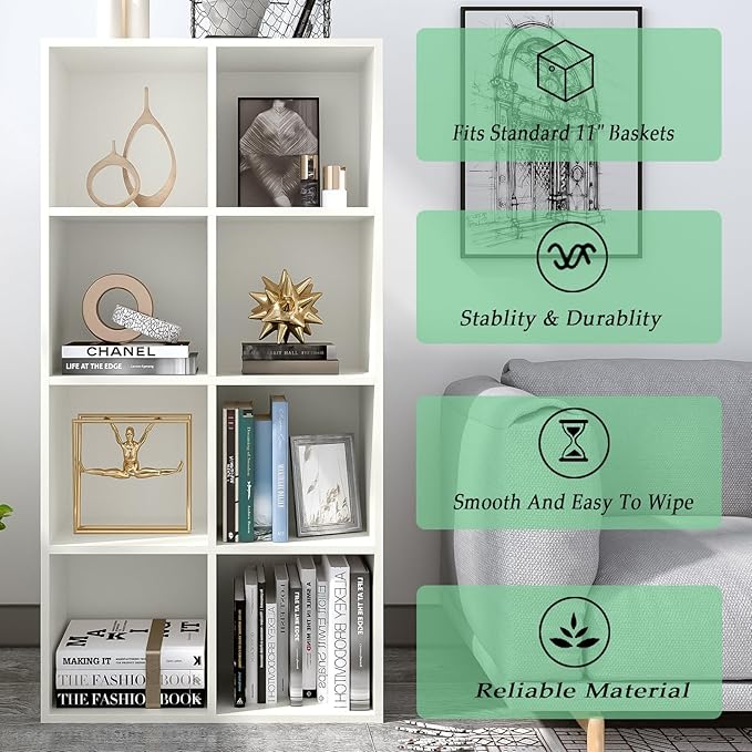 8-Cube Storage Shelf Bookcase - Wooden 4-Tier Floor Standing Open Bookshelf, Modern TV Stand up to 55 Inchs for Home and Office, Warm White