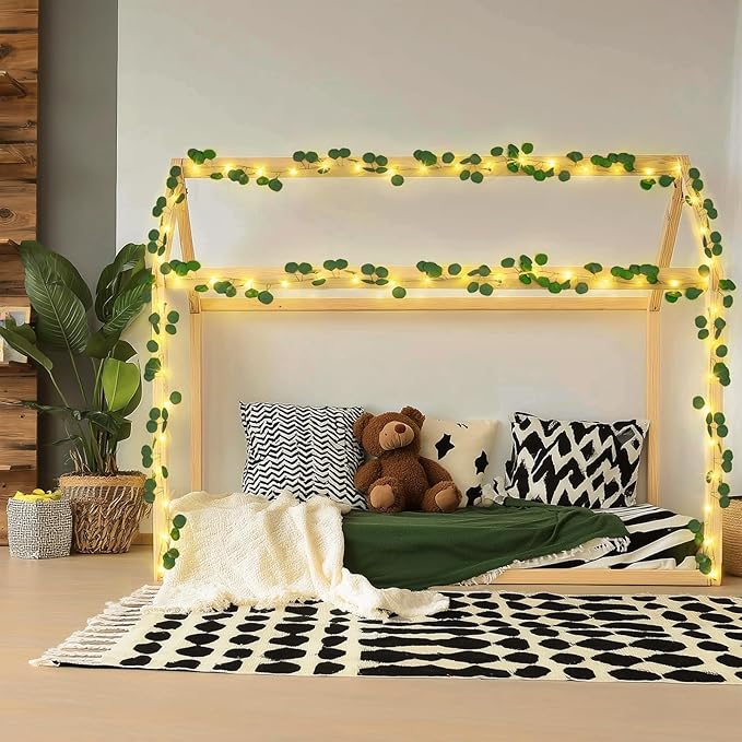 JMEXSUSS 33 FT 100 LED Eucalyptus Vine Fairy Lights, Vines with Lights Battery Operated with Remote, Eucalyptus Leaf Light Garland Indoor Outdoor for Bedroom Wall Classroom Party Decor(Warm White)