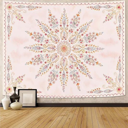 Fowocu Boho Floral Mandala Tapestry for Bedroom Aesthetic Pink Bohemian Flower Wall Tapestry Watercolor Hippie Indian Large Tapestries Wall Hanging for Living Room Dorm Decor 80 x 60 Inch