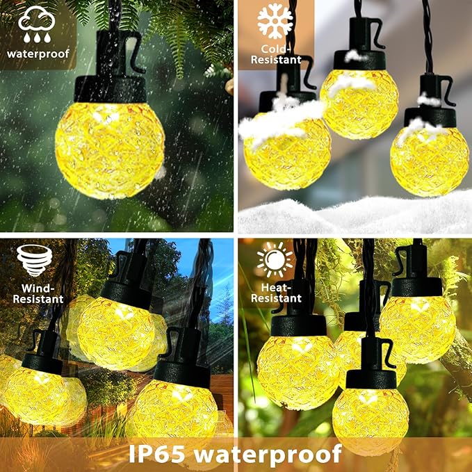 Solar LED String Lights for Outside,39.4FT 8Modes Crystal Globe Fairy String Lights Waterproof USB Plug for Garden Patio Christmas Tree Fence Indoor&Outdoor Party Decor(Pineapple Warm White)
