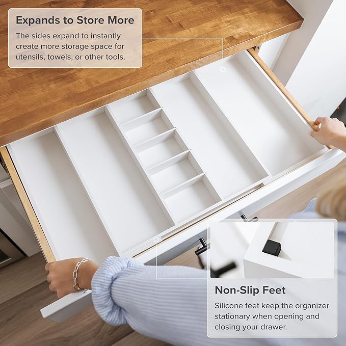 Adjustable Kitchen Drawer Organizer for Utensils and Junk, Food-Safe Contract Grade with 100% Sustainable Wood, Expandable from 19 to 33 Inches Wide - White Bamboo