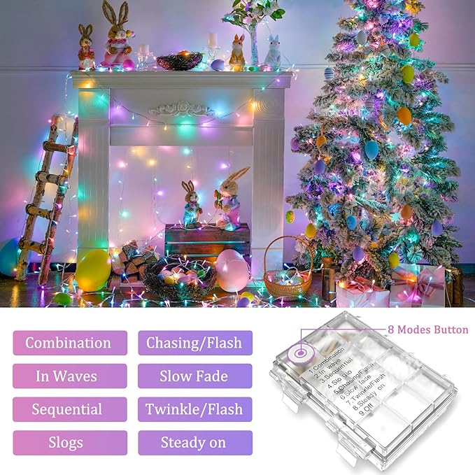JMEXSUSS 2 Pack Easter Lights Battery Operated Outdoor Indoor, Total 66ft 200 LED Multicolor Easter String Lights for House Porch Yard Garden Tree Decorations