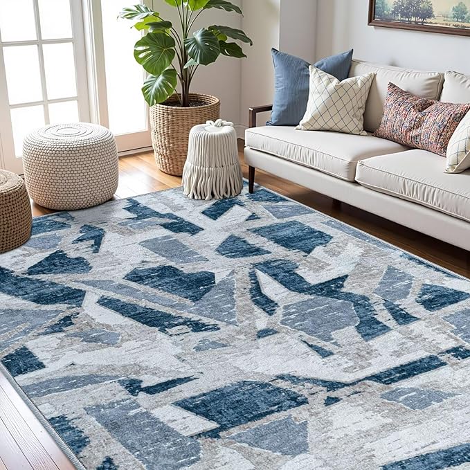 Modern Abstract Blue 8X10 Area Rug for Living Room Bedroom Washable, with Non-Slip Rubber Backing Print Faux Wool Thin, Throw Large Carpet for Kids Playroom Dining Room Pet & Child Friendly